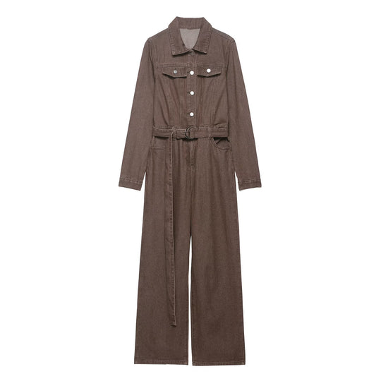 Damen Weicher Denim-Overall mit Hemdkragen, taillierendem Gürtel und weitem Bein Nord Taschen