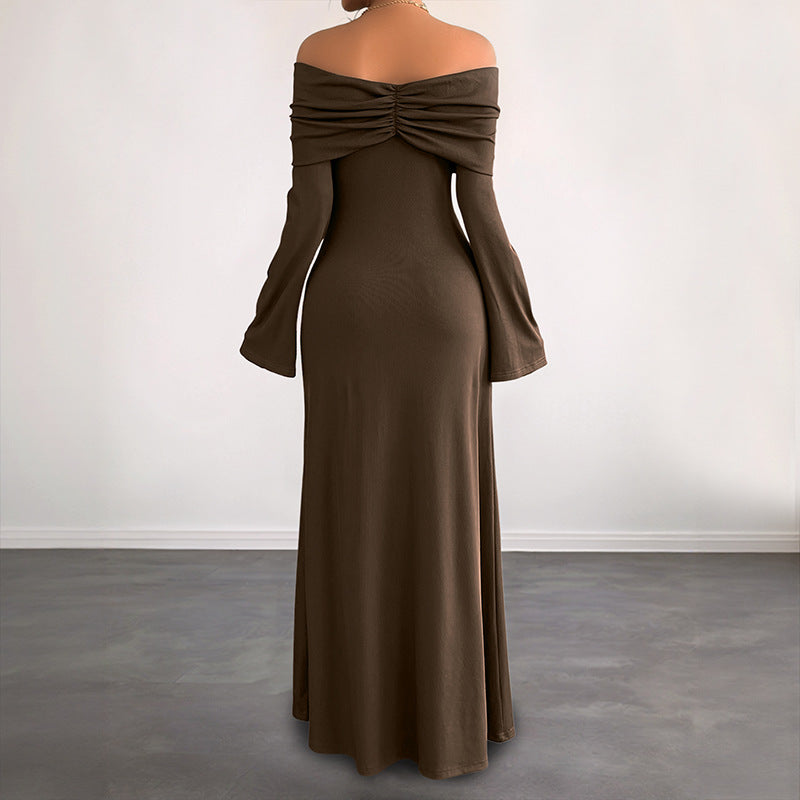 Damen Off-Shoulder Maxikleid mit geraffter Brustpartie und schmaler A‑Linie Nord Taschen