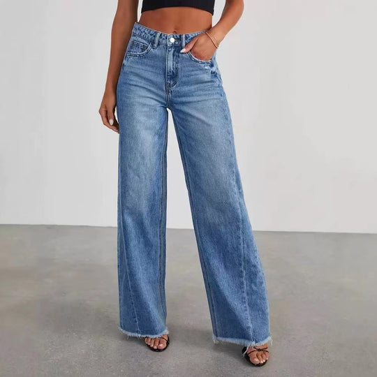 Damen Jeans mit hoher Taille und weitem Bein sowie ausgefranstem Saum Nord Taschen
