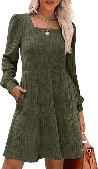 Damen Lässiges und elegantes Rippkleid mit langen Ärmeln Nord Taschen