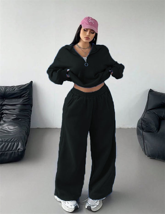 Damen Samt-Cropped-Ziphoodie und weit geschnittene High-Waist Palazzo-Jogginghose Nord Taschen