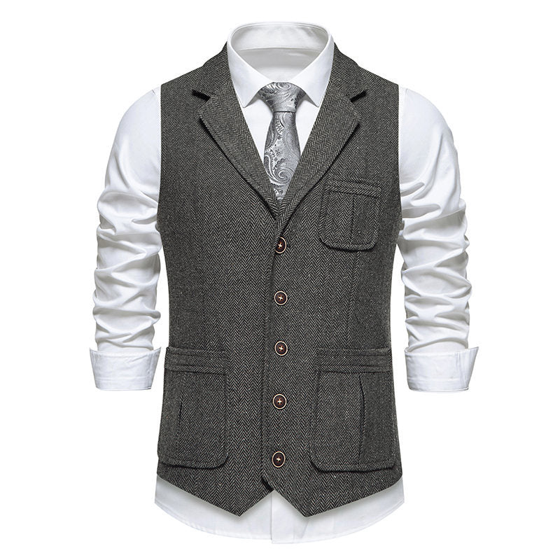 Herren Tweed-Weste mit Fischgrätmuster, Reverskragen und Pattentaschen Nord Taschen