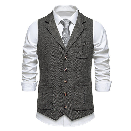 Herren Tweed-Weste mit Fischgrätmuster, Reverskragen und Pattentaschen Nord Taschen