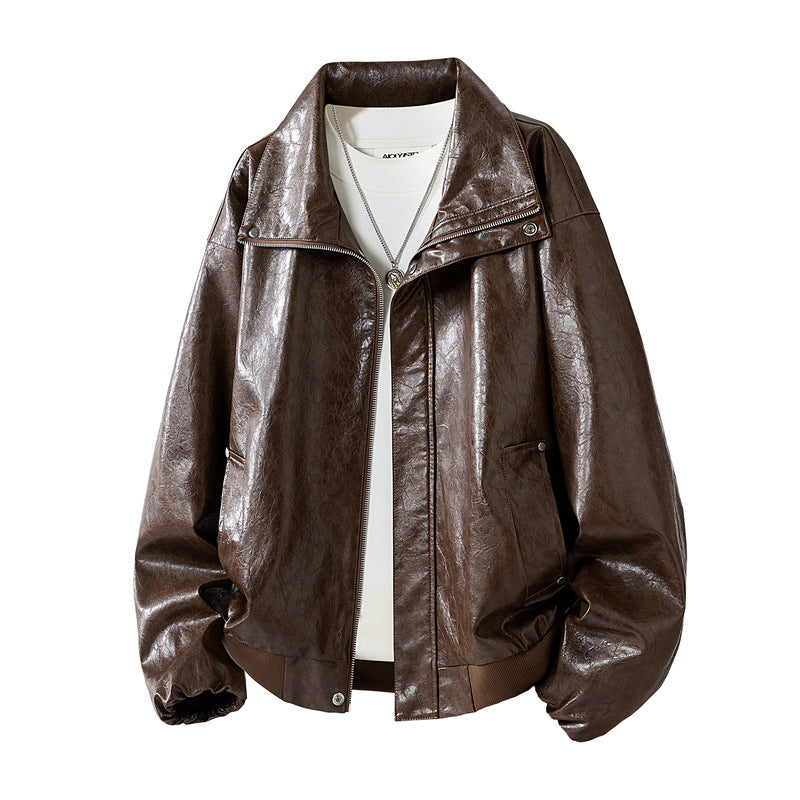 Herren Oversize Kunstleder‑Fliegerjacke mit breitem Umlegekragen, Zwei‑Wege‑Reißverschluss & gerippten Abschlüssen Nord Taschen