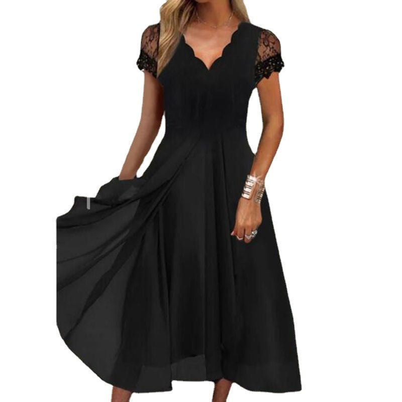 Damen nan fließendes Midikleid mit geschwungenem V-Ausschnitt, taillierter A-Linien-Silhouette und filigranen Spitzenärmeln