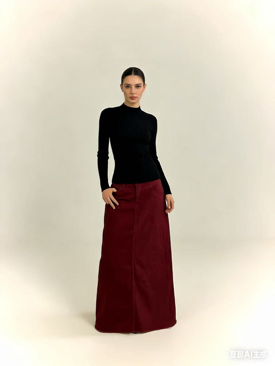 Damen Maxi-Denim-Rock mit hohem Bund und fransigem Saum