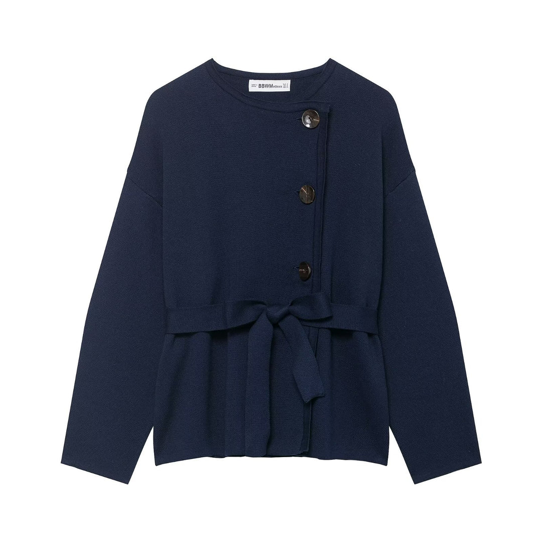 Damen Strickjacke mit asymmetrischer Knopfblende und Taillengürtel Nord Taschen