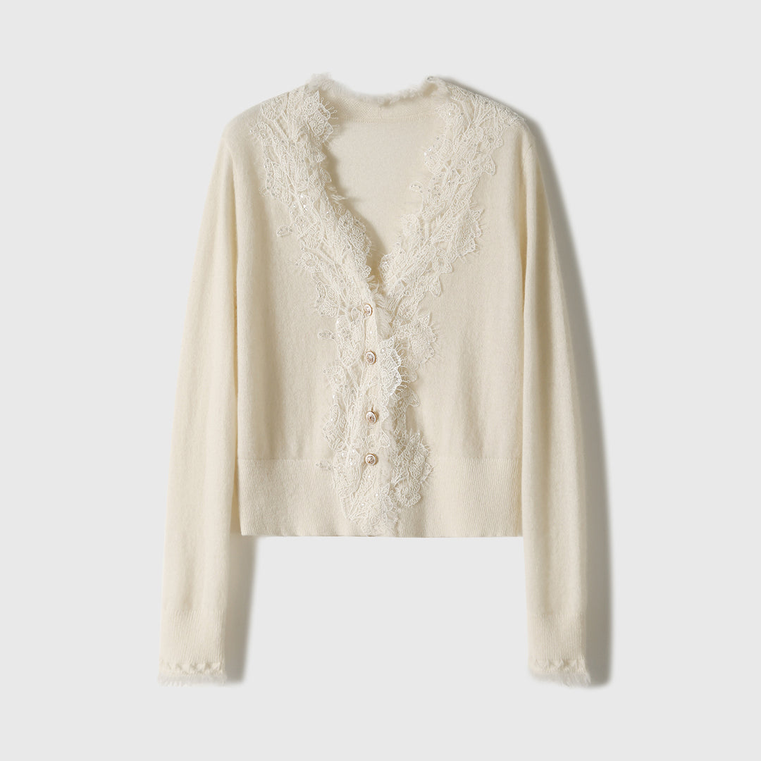 Damen Kurze Mohair-Cardigan mit Spitzenbesatz und Perlenknöpfen Nord Taschen