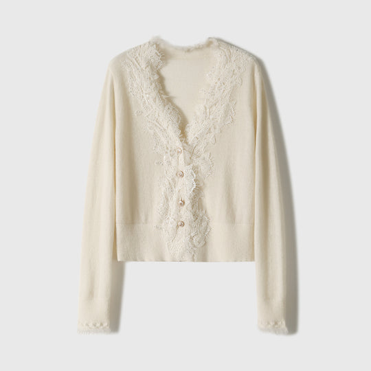 Damen Kurze Mohair-Cardigan mit Spitzenbesatz und Perlenknöpfen Nord Taschen