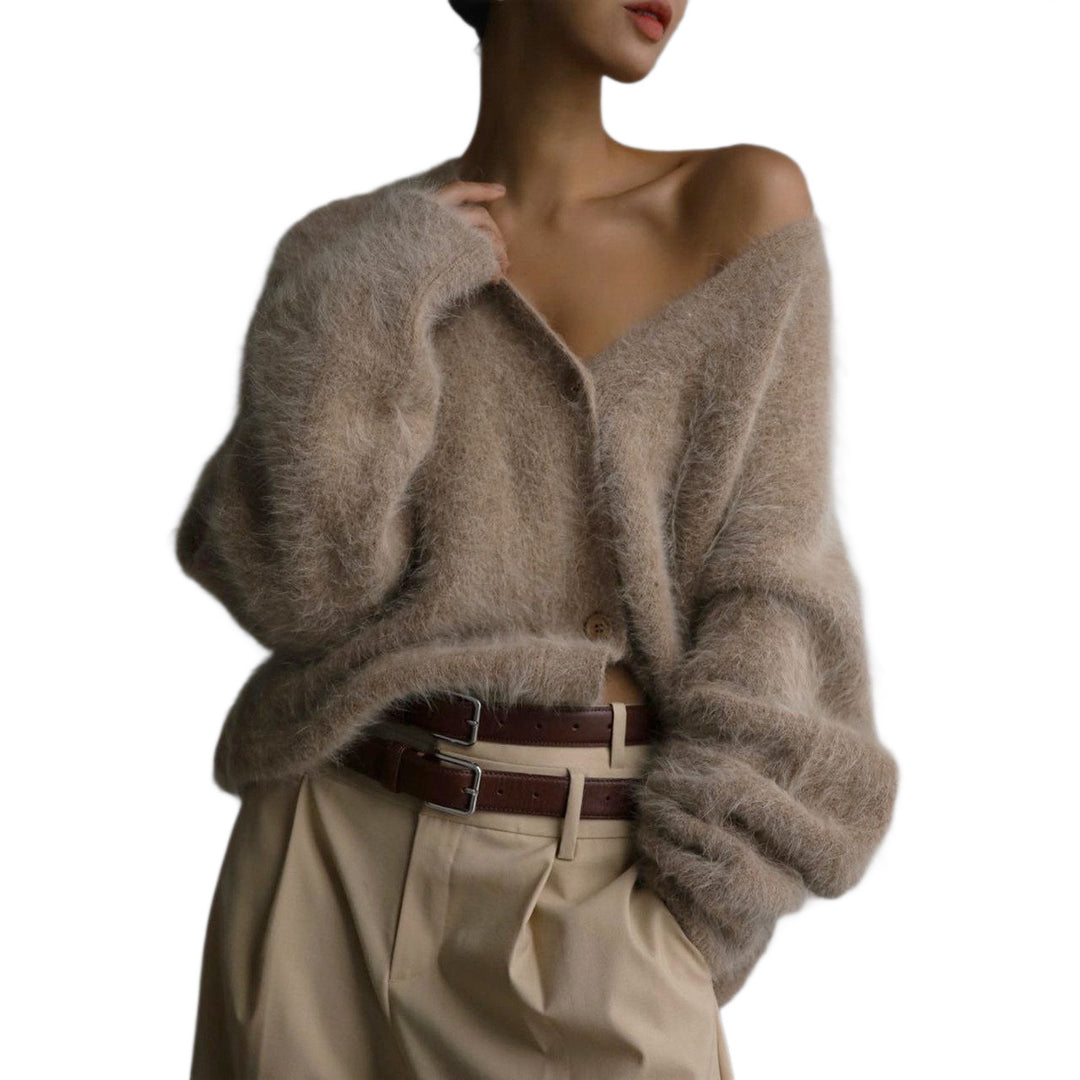 Damen Flauschige Mohair-Optik Strickjacke mit V-Ausschnitt und Oversize-Schnitt Nord Taschen