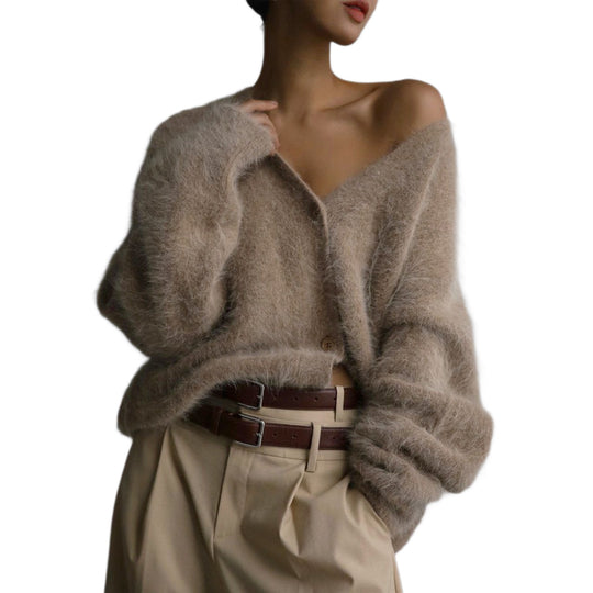 Damen Flauschige Mohair-Optik Strickjacke mit V-Ausschnitt und Oversize-Schnitt Nord Taschen