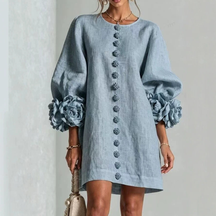 Damen Midikleid mit voluminösen Puffärmeln, 3D-Blütenknopfleiste und Leinenstruktur Nord Taschen