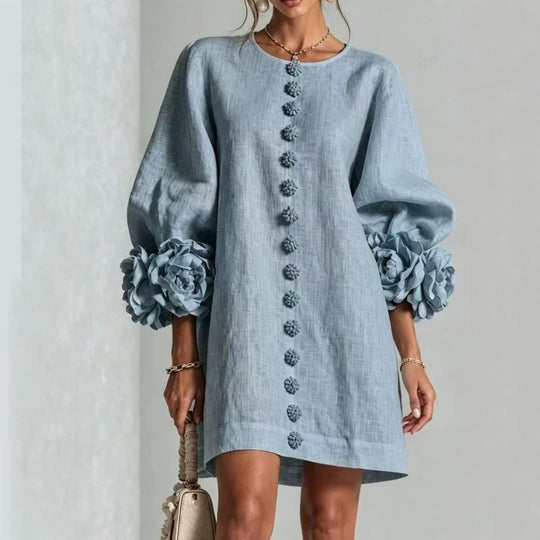 Damen Midikleid mit voluminösen Puffärmeln, 3D-Blütenknopfleiste und Leinenstruktur Nord Taschen