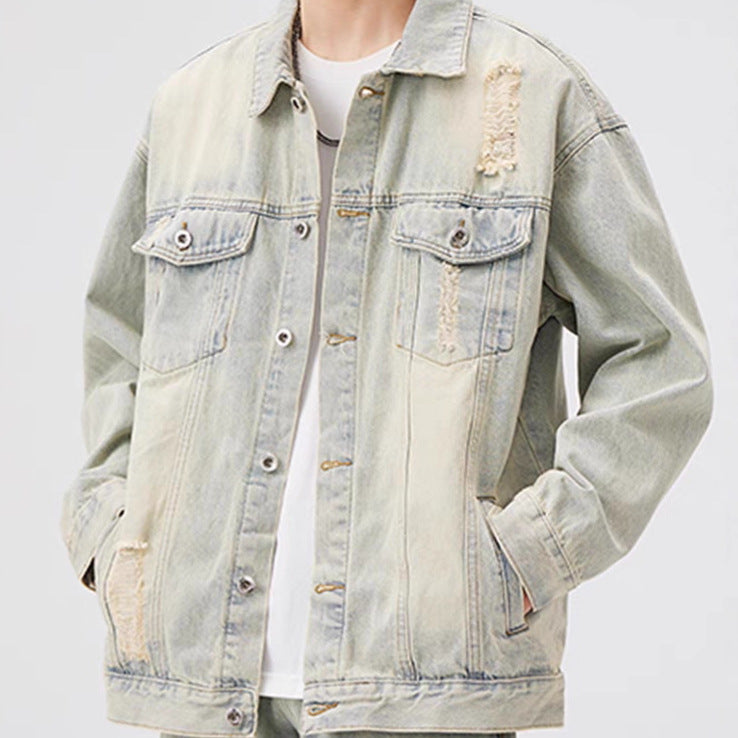 Herren Oversized Jeansjacke mit Used-Waschung und Destroy-Details Nord Taschen