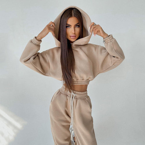 Damen cropped Stehkragen-Sweatset mit elastischem Taillenbund und hochtaillierter Tapered-Jogginghose Nord Taschen