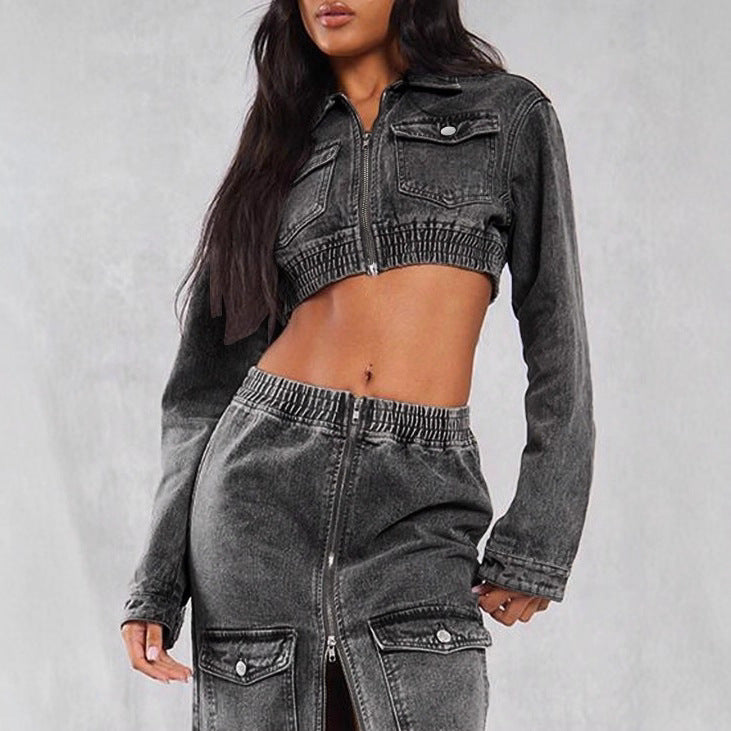 Damen Cropped-Denim-Set aus Jacke und Midirock mit Reißverschluss, elastischem Bund & Cargo-Taschen Nord Taschen
