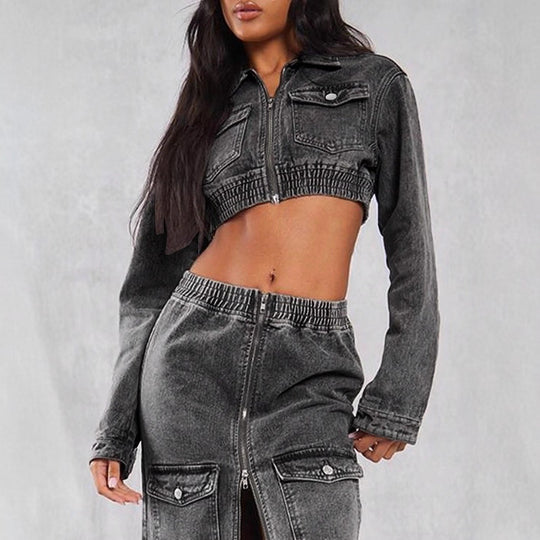 Damen Cropped-Denim-Set aus Jacke und Midirock mit Reißverschluss, elastischem Bund & Cargo-Taschen Nord Taschen