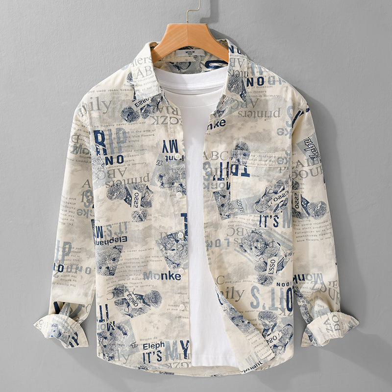 Herren Overshirt aus Baumwoll‑Leinen mit typografischem Zeitungsprint und Relaxed‑Fit Nord Taschen