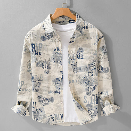 Herren Overshirt aus Baumwoll‑Leinen mit typografischem Zeitungsprint und Relaxed‑Fit Nord Taschen