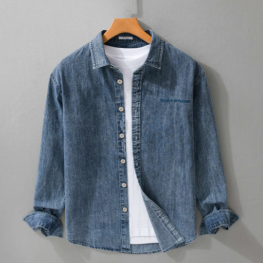 Herren entspanntes Denim-Overshirt mit Knopfleiste und Bruststickerei Nord Taschen