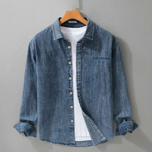 Herren entspanntes Denim-Overshirt mit Knopfleiste und Bruststickerei Nord Taschen