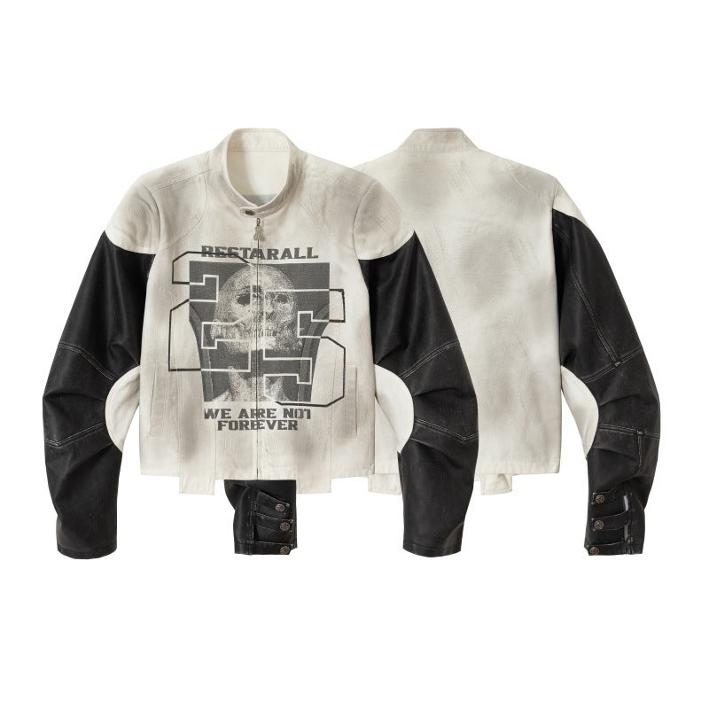 Unisex Kurz geschnittene Boxy‑Bikerjacke im Vintage‑Lederlook mit grafischem Skull‑Print und Stehkragen Nord Taschen