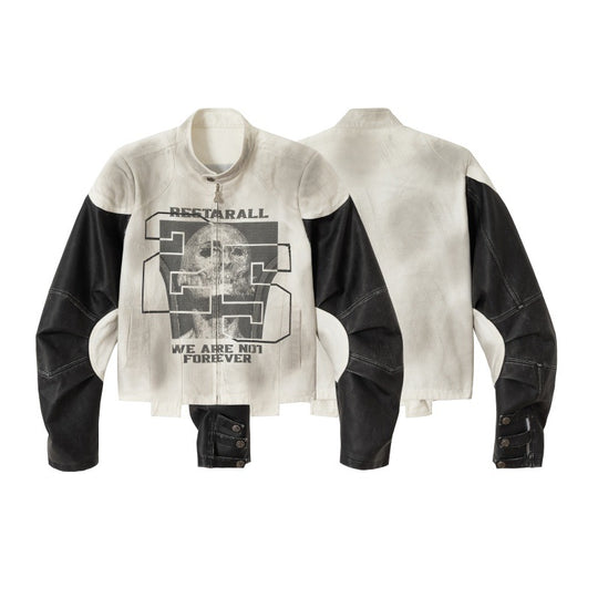 Unisex Kurz geschnittene Boxy‑Bikerjacke im Vintage‑Lederlook mit grafischem Skull‑Print und Stehkragen Nord Taschen