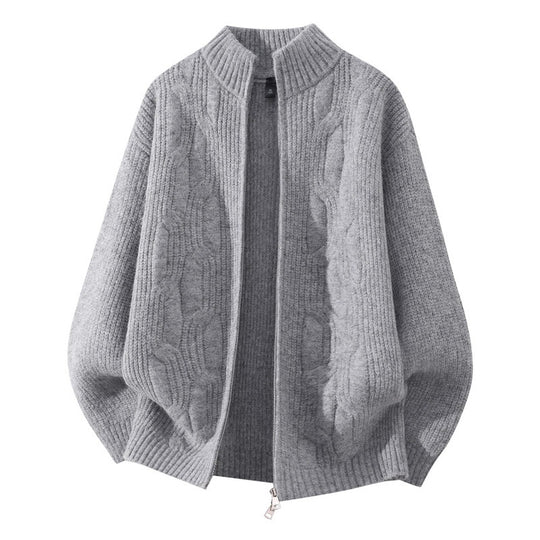 Damen Weicher Oversize‑Zopfmuster‑Cardigan mit Stehkragen & Zwei‑Wege‑Reißverschluss Nord Taschen