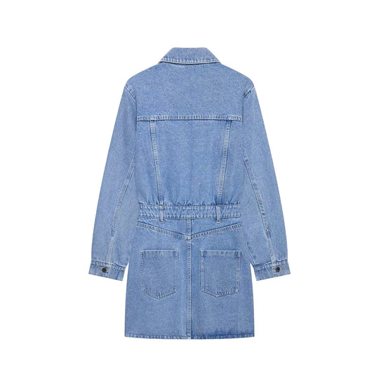 Damen Jeanskleid mit Hemdblusenkragen Taillengürtel und aufgesetzten Taschen Nord Taschen