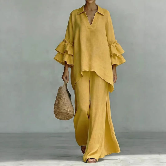 Damen Leinen-Loungewear-Set mit Volantärmeln und weitem Palazzo-Hose Nord Taschen
