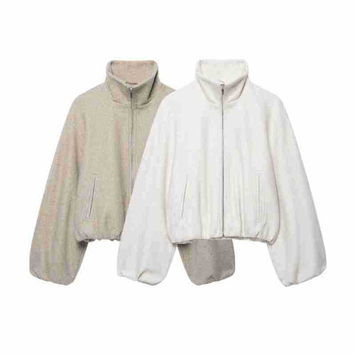 Damen Cropped Wollmix-Blousonjacke mit hohem Funnelkragen, Reißverschluss und gerafftem Saum Nord Taschen