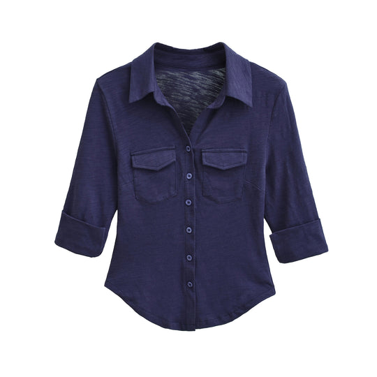 Damen Hemdbluse aus weichem Jersey mit aufgesetzten Brusttaschen und dreiviertelärmeln Nord Taschen