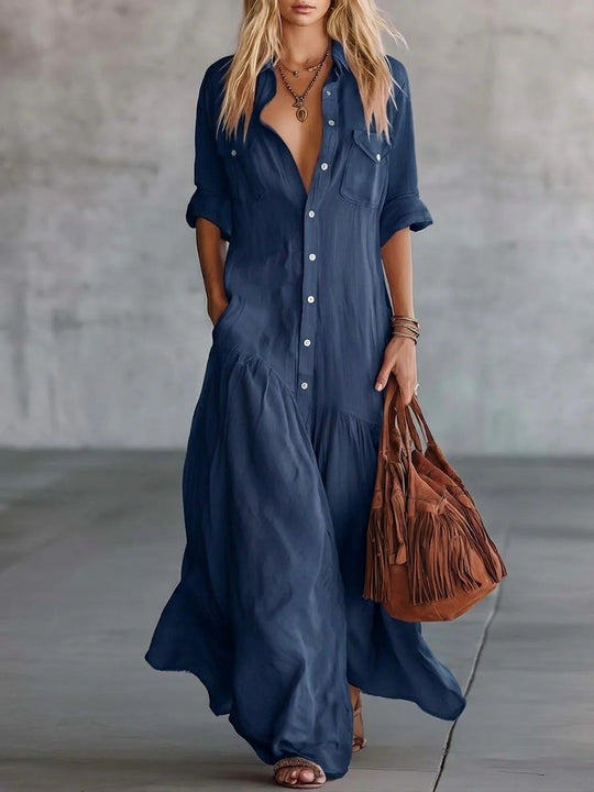 Damen Langes fließendes Hemdblusen-Maxikleid mit Knopfleiste, aufgesetzten Brusttaschen und seitlichen Eingrifftaschen Nord Taschen