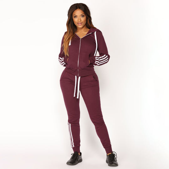 Damen sportliches Zip-Hoodie und Slim-Jogger-Set aus French-Terry mit kontrastierenden Streifen Nord Taschen