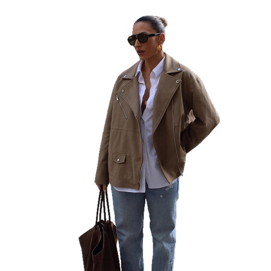 Damen Oversize-Bikerjacke aus Veloursimitat mit asymmetrischem Reißverschluss Nord Taschen