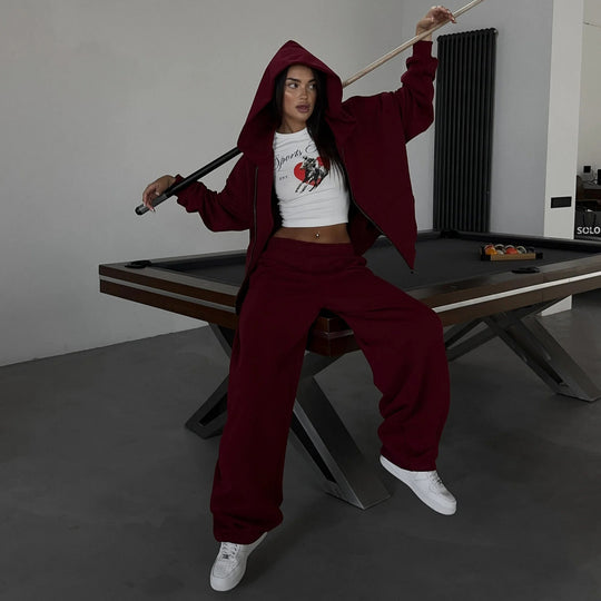 Damen lässiges Zip-Lounge-Set mit übergroßer Kapuzenjacke und taillierter Relax-Jogginghose Nord Taschen