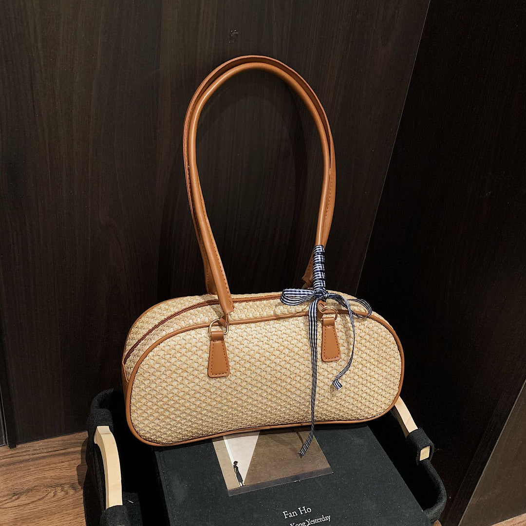 Damen handgefertigte Umhängetasche aus natürlichem Material mit eleganter Schleifenverzierung Nord Taschen
