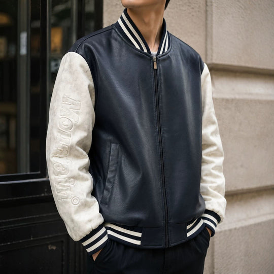 Herren Varsity‑Bomberjacke im College‑Stil mit Lederimitatkörper und kontrastierenden Wildlederärmeln Nord Taschen