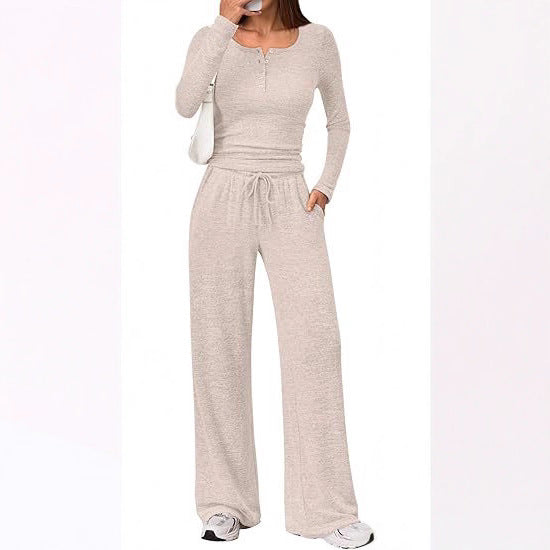 Damen Zweiteiliges Lounge-Set mit Henley-Top und weitem Jogginghose Schnitt Nord Taschen