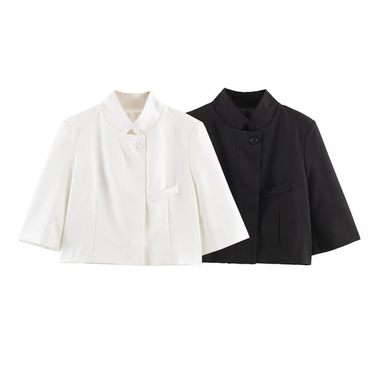 Damen Elegante Cropped-Jacke mit Stehkragen, verdeckter Knopfleiste und 3/4-Ärmeln Nord Taschen