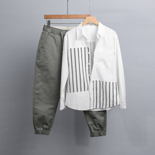 Damen Zweiteiliges Loungewear-Set mit Oversize-Hemd im Streifenpatch und elastischer Bund-Jogger Nord Taschen