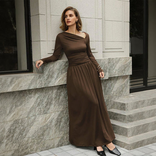 Damen asymmetrisches Maxikleid mit langem Ärmel und geraffter Taillenpartie Nord Taschen
