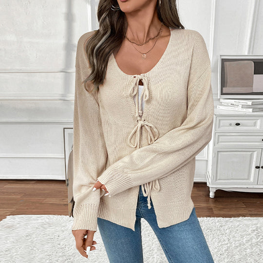 Damen Lässiger Oversize-Strickpullover mit vorderer Band‑Schnürung Nord Taschen