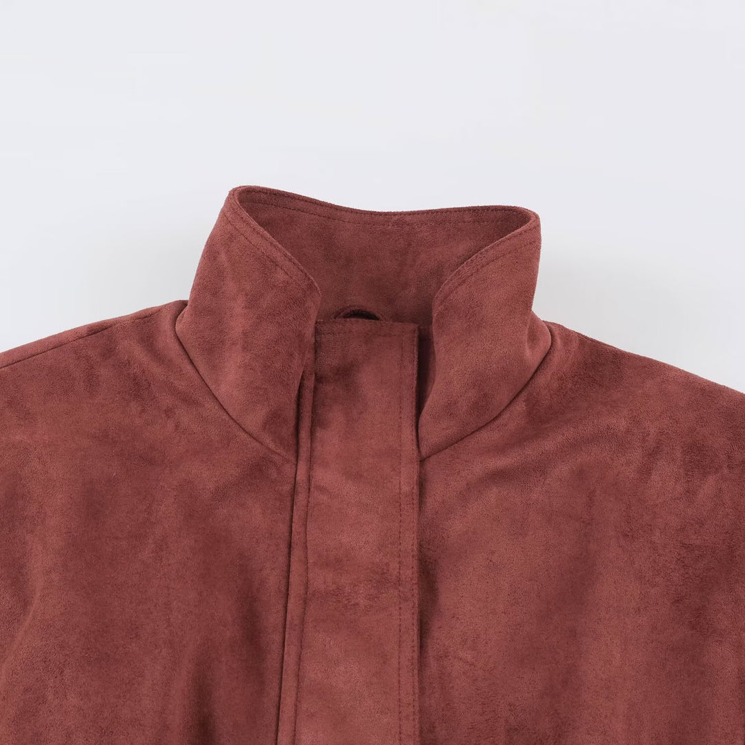 Damen Kurzjacke in Velours‑Optik mit hohem Funnelkragen, verdecktem Verschluss und Taillenbindegürtel Nord Taschen