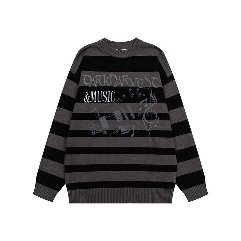 Damen Gestreifter Oversize-Strickpullover mit Rundhals und Musik-Grafik Nord Taschen