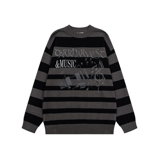 Damen Gestreifter Oversize-Strickpullover mit Rundhals und Musik-Grafik Nord Taschen