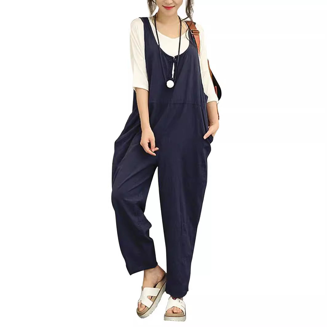 Damen Lässiger Harem-Overall aus Leinen mit verstellbaren Trägern und Seitentaschen Nord Taschen