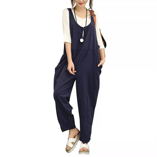 Damen Lässiger Harem-Overall aus Leinen mit verstellbaren Trägern und Seitentaschen Nord Taschen