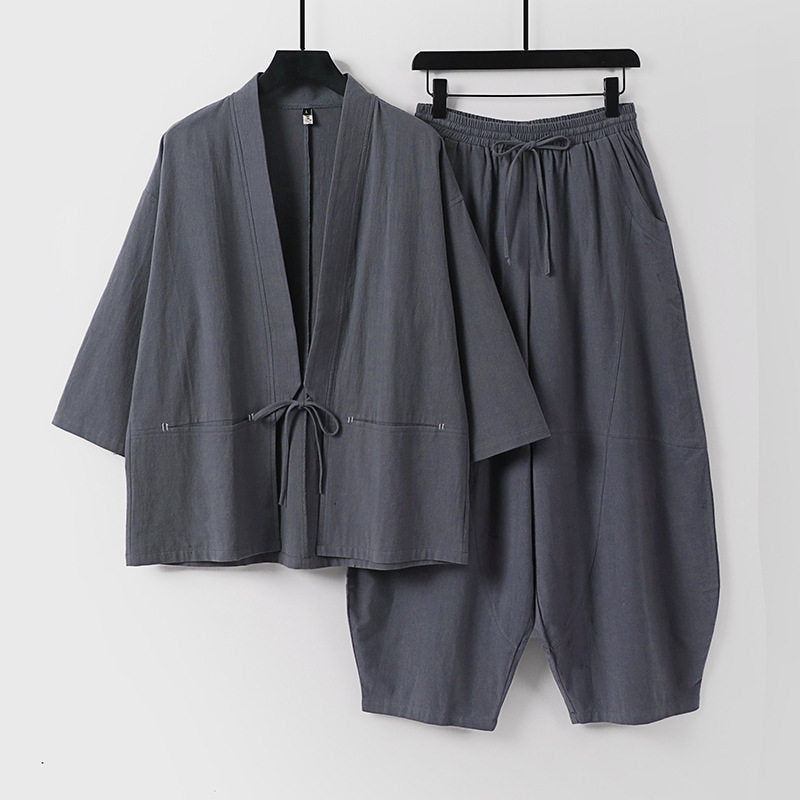 Unisex Modernes Kimono-Lounge-Set aus weichem Baumwollmix mit Kurzjacke, Tunnelzug-Hose und gerafften Knöcheln Nord Taschen