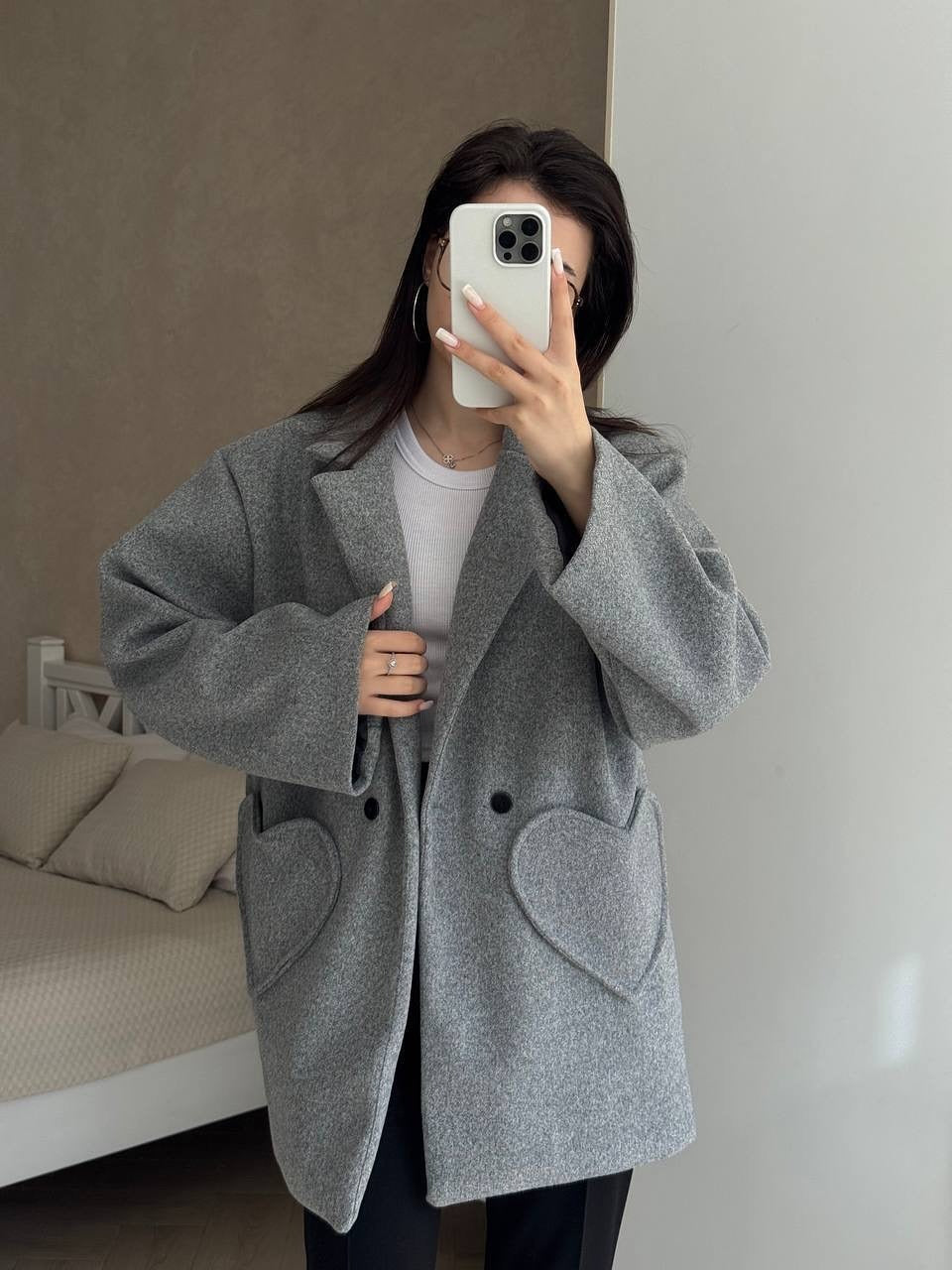 Damen Oversized Blazer-Mantel mit herzförmigen Taschen Nord Taschen